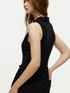 Women's sleeveless quarter-zip collared bodysuit by Plush Fashion Hub, featuring a sleek, slim-fit jumper style.