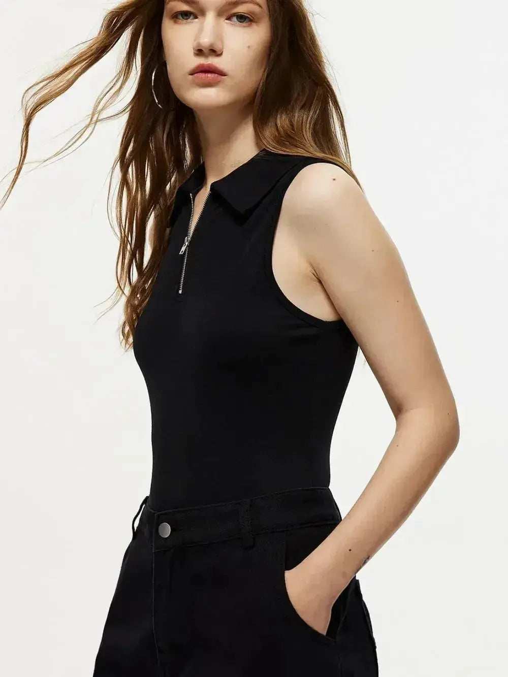 Women's sleeveless quarter-zip collared bodysuit by Plush Fashion Hub, featuring a sleek slim-fit jumper style.