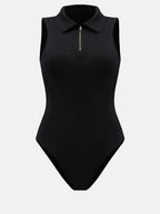 Women's sleeveless collared bodysuit with quarter-zip neckline, slim-fit jumper by Plush Fashion Hub, shown in sleek black fabric.