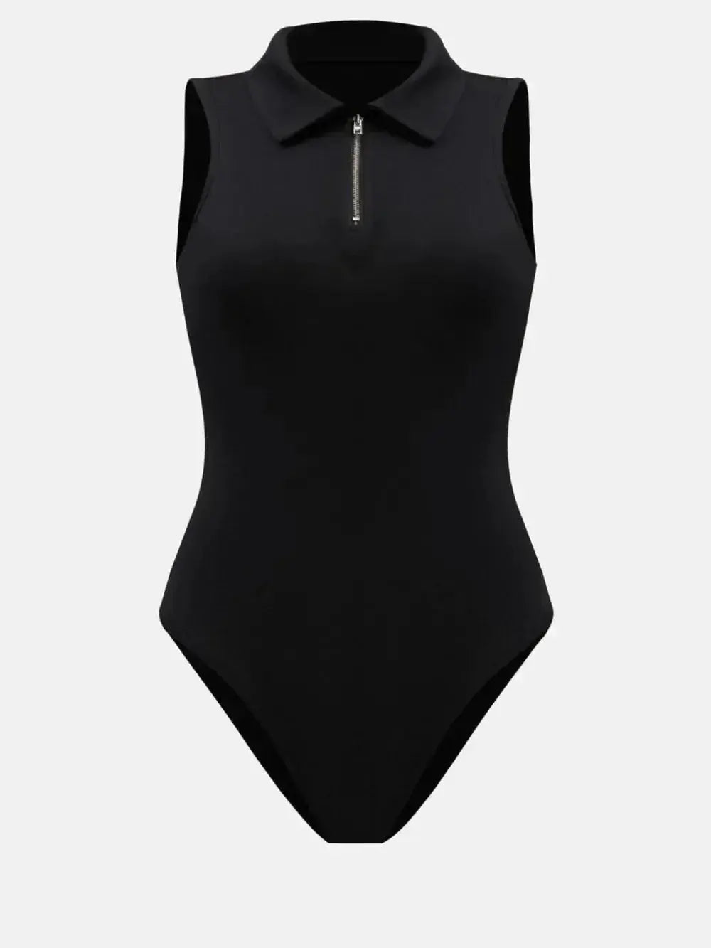 Women's sleeveless collared bodysuit with quarter-zip neckline, slim-fit jumper by Plush Fashion Hub, shown in sleek black fabric.