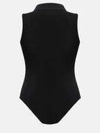 Women's sleeveless collared bodysuit with quarter-zip neckline, slim-fit jumper by Plush Fashion Hub, shown on a model.