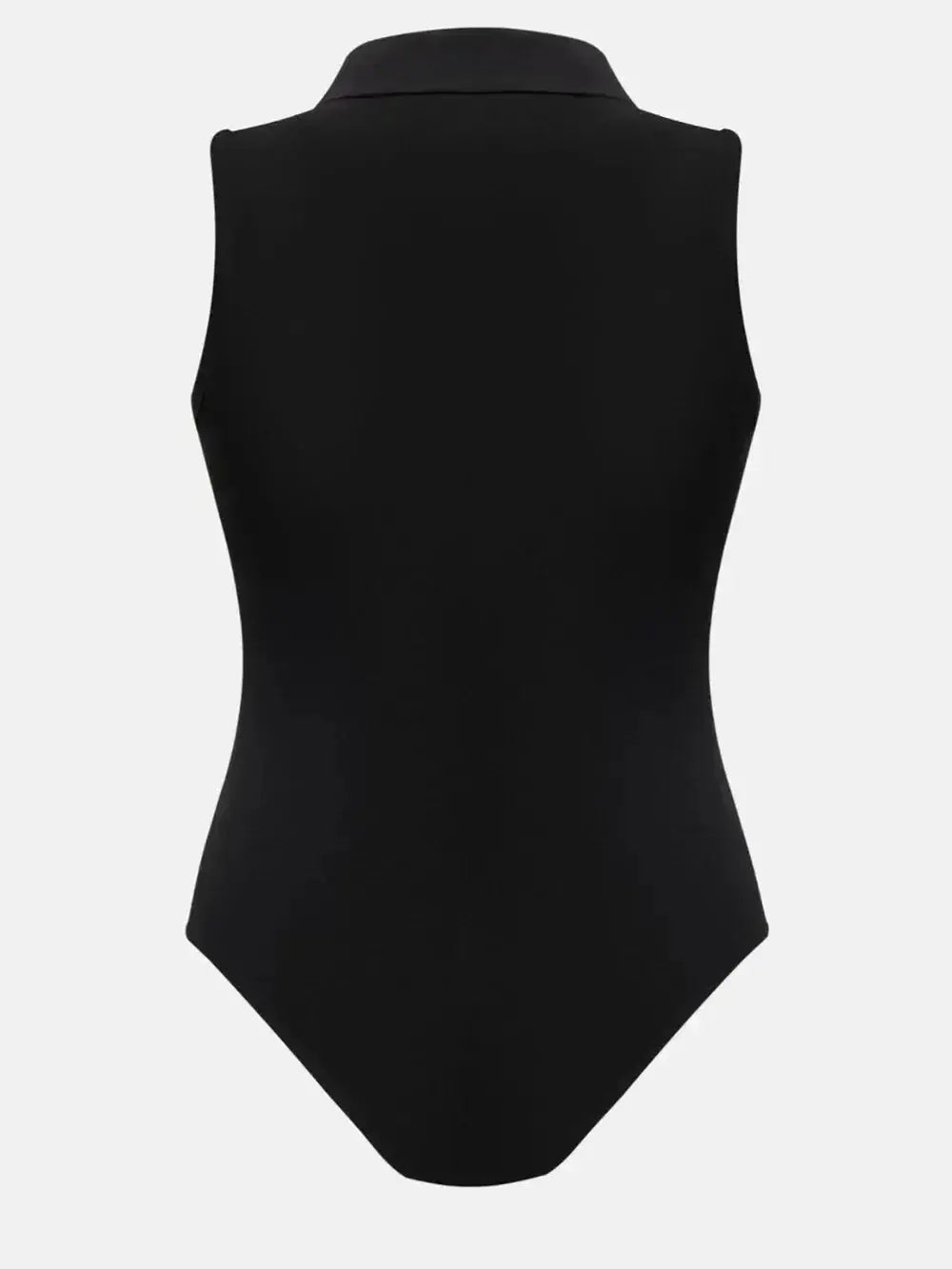 Women's sleeveless collared bodysuit with quarter-zip neckline, slim-fit jumper by Plush Fashion Hub, shown on a model.