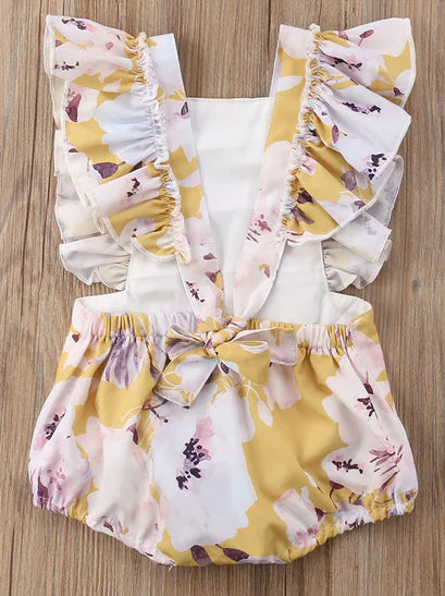 Girls' floral two-piece outfit with back tie and matching headband, stylish and cute for warm weather from Trendy Attic Store01.