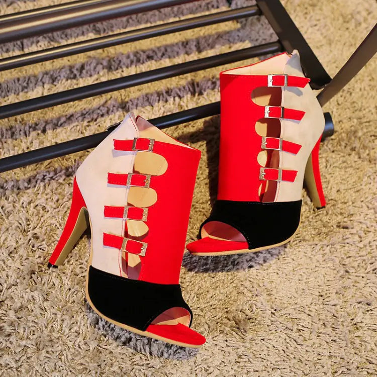 Women’s color-block buckle peep-toe high heels by Plush Fashion Hub, showcasing stylish design and vibrant color accents.