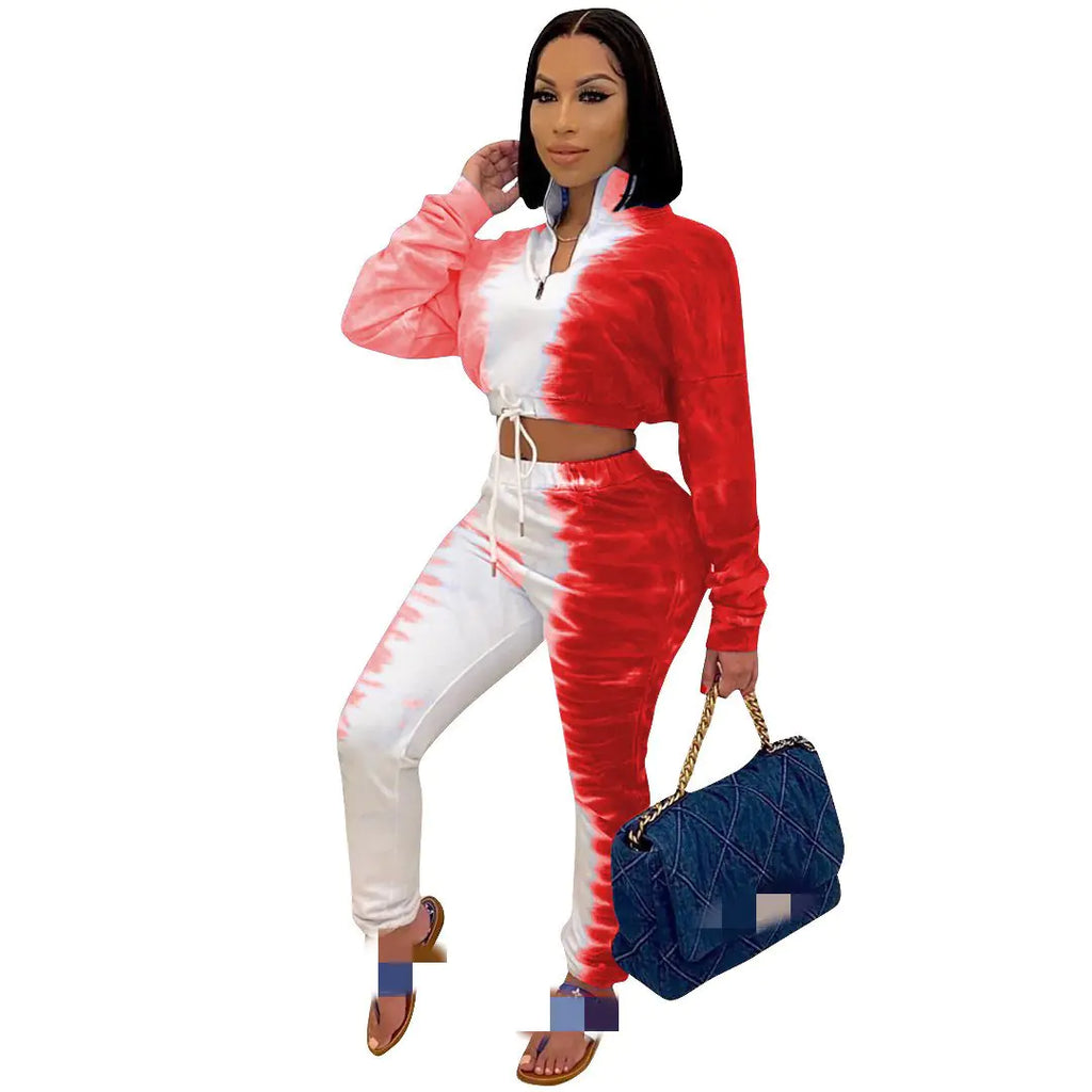 Women’s casual printed stretch sweatshirt and waist sports set, two-piece activewear outfit by Trendy Attic Store01.