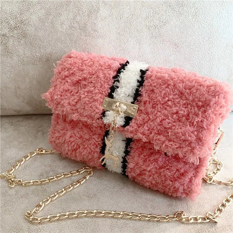 Women’s hand-woven fleece-lined plush one-shoulder bag, soft textured purse with stylish design from Trendy Attic Store01.
