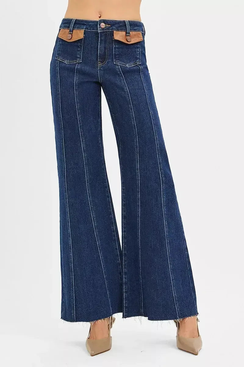 RISEN High Rise Wide Flare Jeans with Front Leather Pocket Detail - Plush Fashion Hub