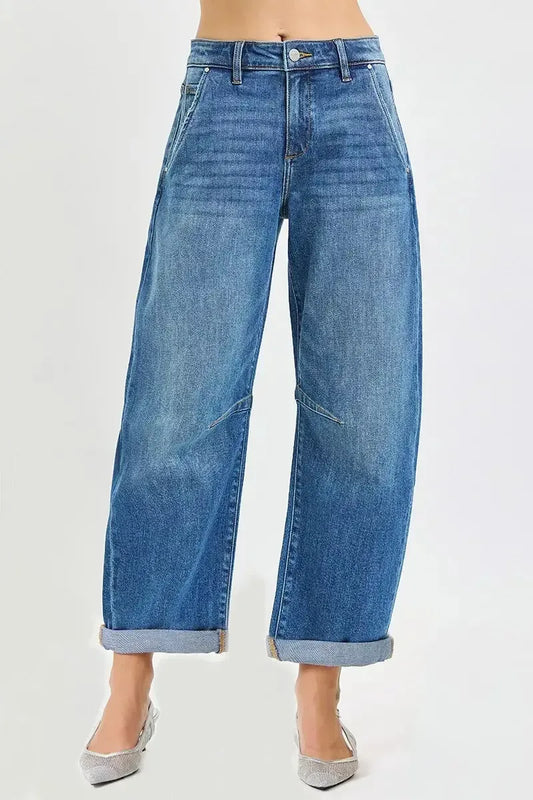 RISEN Slouchy Cropped Barrel Jeans With Cuffed Hem - Plush Fashion Hub