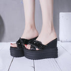 Women wedge heel platform sandals and rhinestone slippers with stylish straps and sparkling embellishments.