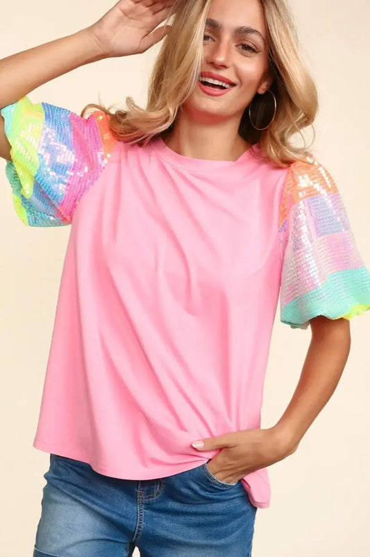Rainbow Pastel Sequin Puff Sleeve Top - Plush Fashion Hub