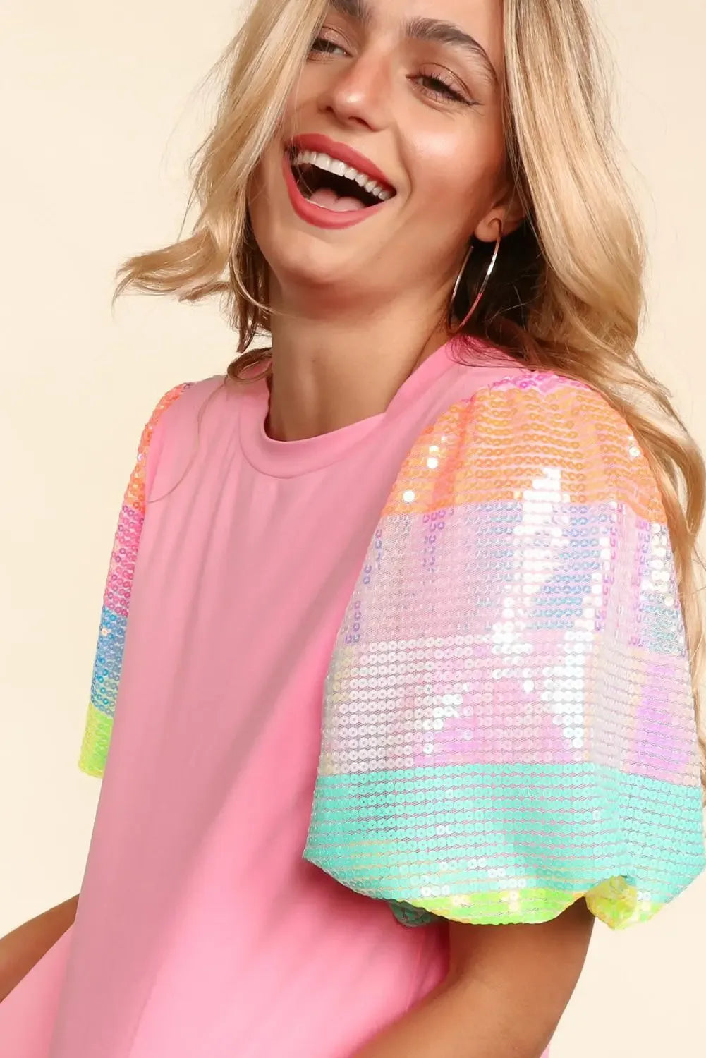 Rainbow Pastel Sequin Puff Sleeve Top - Plush Fashion Hub