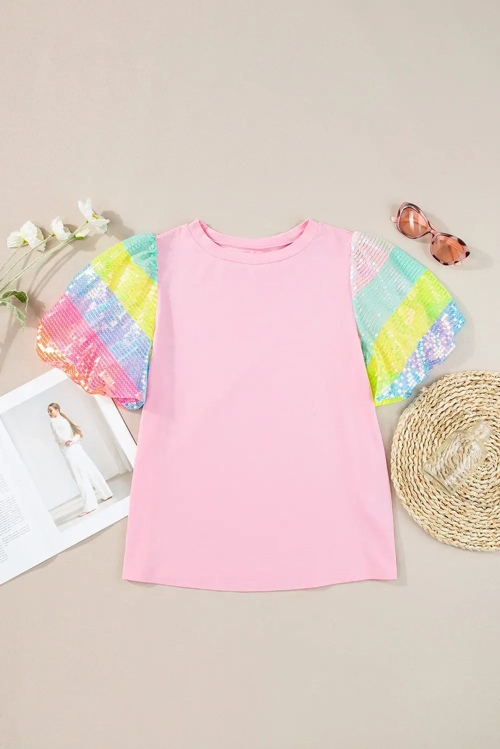 Rainbow Pastel Sequin Puff Sleeve Top - Plush Fashion Hub