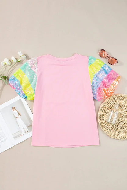 Rainbow Pastel Sequin Puff Sleeve Top - Plush Fashion Hub