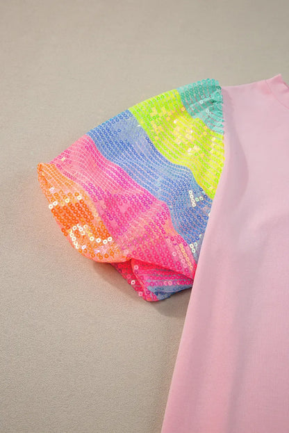 Rainbow Pastel Sequin Puff Sleeve Top - Plush Fashion Hub