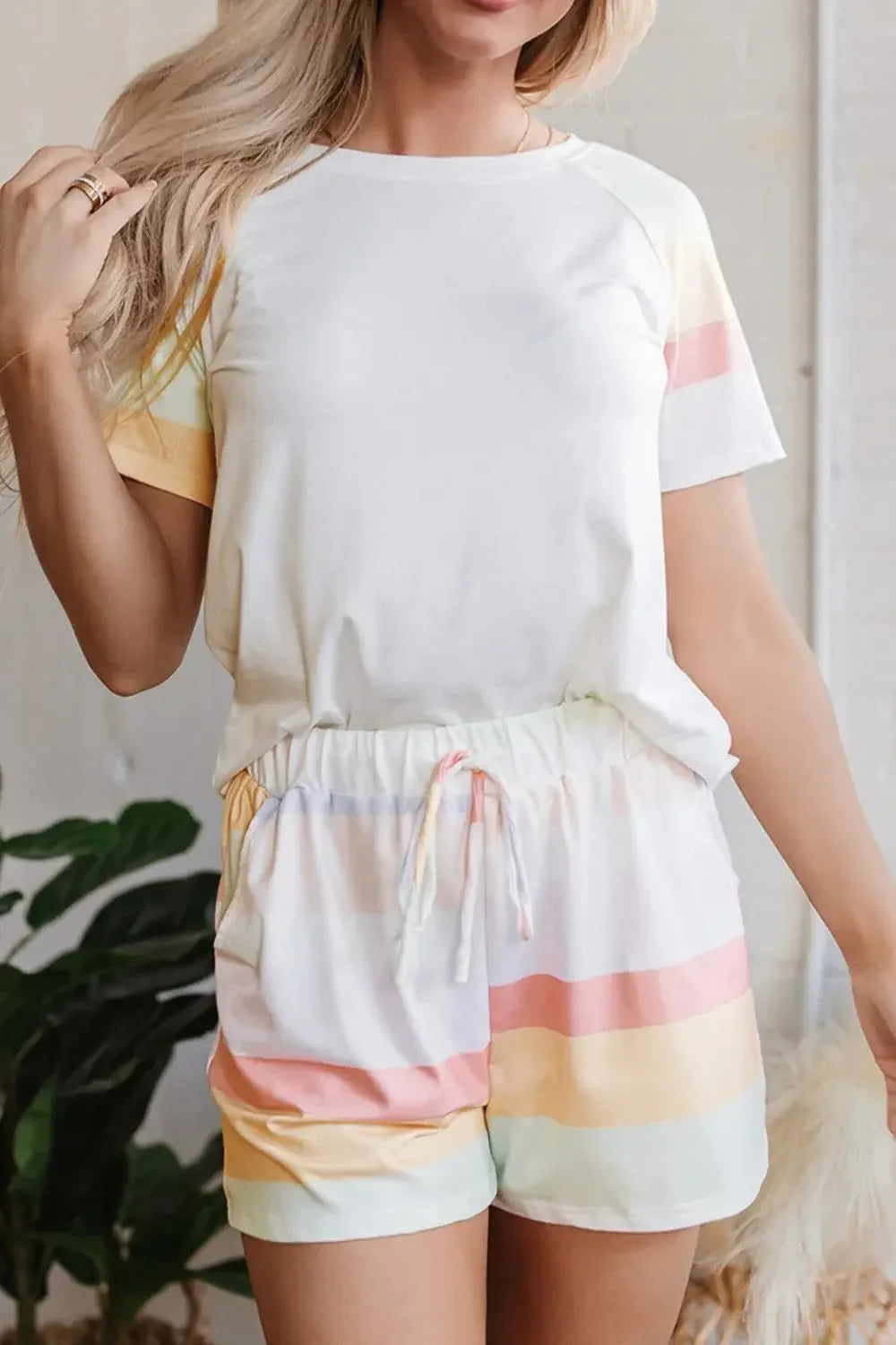 Rainbow Striped Round Neck T Shirt and Shorts Lounge Set - Plush Fashion Hub