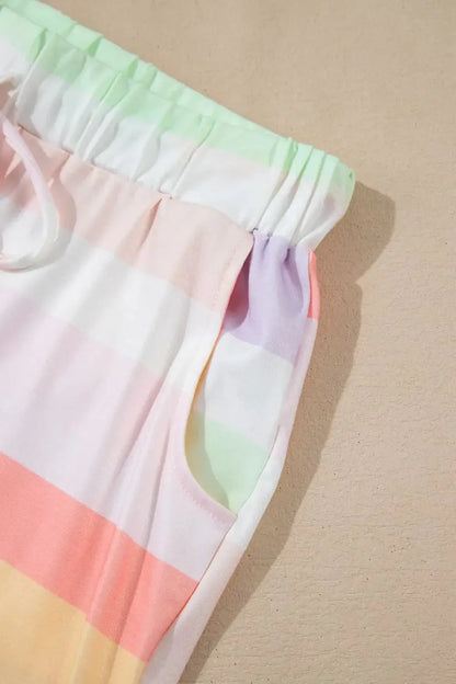 Rainbow Striped Round Neck T Shirt and Shorts Lounge Set - Plush Fashion Hub
