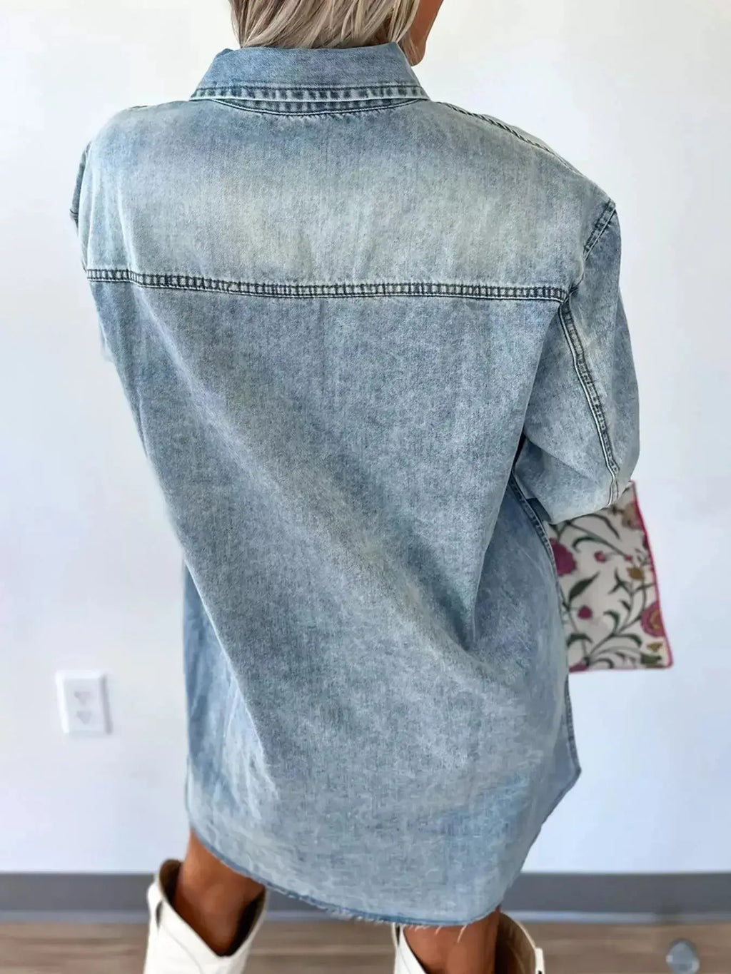 Raw hem denim button-down shirt dress with pockets, relaxed fit, made from cotton, by Trendsi. Blue denim, casual style.