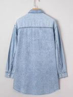 Raw hem denim button-down shirt dress with pockets, relaxed cotton fit, casual style, by Trendsi.
