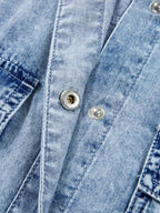 Raw hem denim button-down shirt dress with pockets, relaxed cotton fit, casual style, by Trendsi.