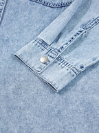 Raw hem denim button-down shirt dress with pockets, relaxed cotton fit, shown in classic blue denim fabric by Trendsi.
