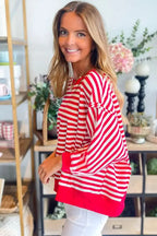 Red striped drop shoulder long sleeve top with exposed seams from Gilded Glamour Shop, stylish and casual for everyday wear.