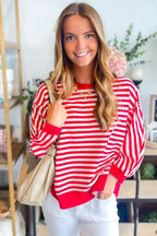Red striped long sleeve top with drop shoulders and exposed seams, stylishly designed by Gilded Glamour Shop.
