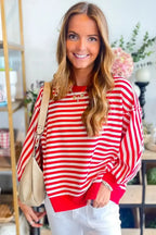 Red striped drop shoulder long sleeve top with exposed seams, stylishly designed by Gilded Glamour Shop.