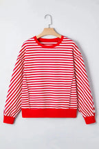 Red striped drop shoulder long sleeve top with exposed seams by Gilded Glamour Shop, casual and stylish for everyday wear.