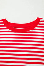 Red striped drop shoulder long sleeve top with exposed seams from Gilded Glamour Shop, featuring a relaxed fit and casual style.