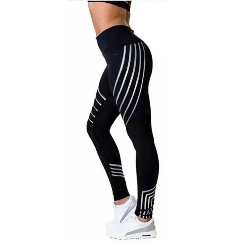 High-waist reflective yoga pants for women by Plush Fashion Hub, featuring breathable activewear fabric and reflective detailing.