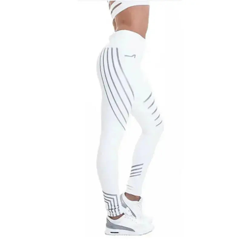Reflective high-waist yoga pants for women by Plush Fashion Hub, made of breathable activewear material, suitable for yoga and workouts.
