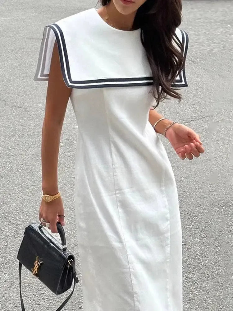 Retro Contrast Navy Collar Chic Dress - Plush Fashion Hub