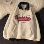 Retro embroidered half-zip cashmere blend hoodie from Plush Fashion Hub featuring lapel details and cozy, plush fabric.