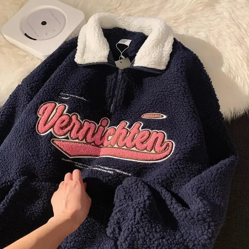 Retro embroidered half-zip cashmere blend hoodie from Plush Fashion Hub, featuring lapel details and plush fabric.