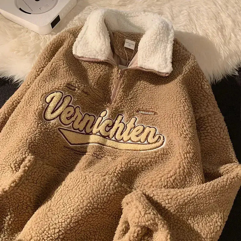 Retro embroidered half-zip cashmere blend hoodie by Plush Fashion Hub featuring lapel details and plush, cozy fabric.