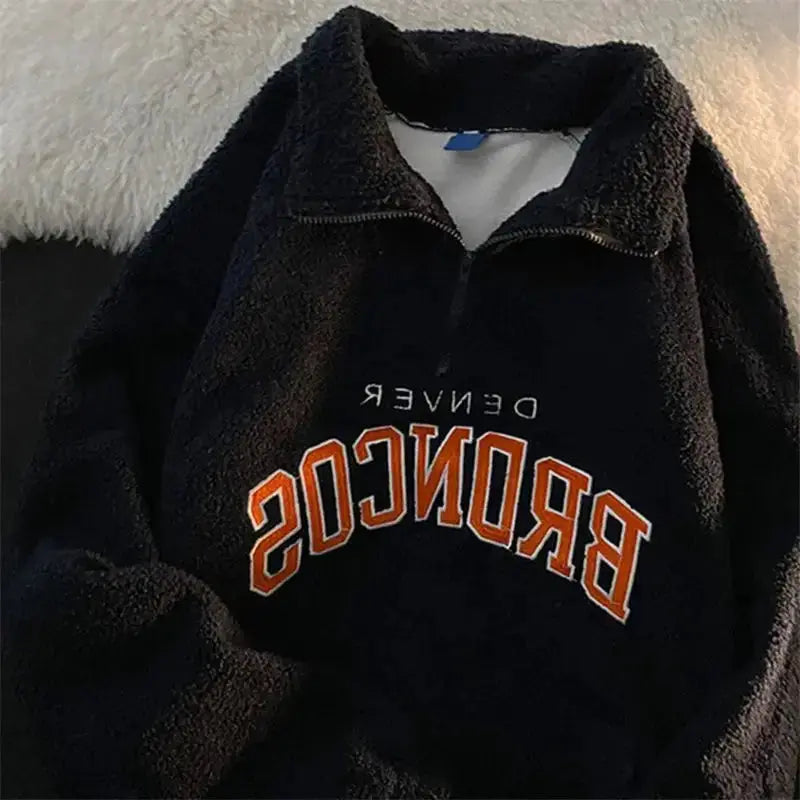 Retro embroidered half-zip cashmere blend hoodie from Plush Fashion Hub, featuring lapel details and cozy, plush fabric.