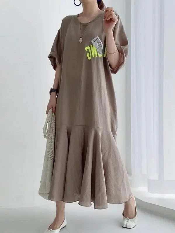 Retro Round Neck Letter Print Short Sleeve Dress - Plush Fashion Hub