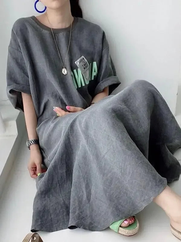 Retro Round Neck Letter Print Short Sleeve Dress - Plush Fashion Hub