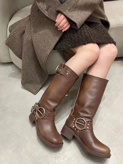 Retro Studded Knight Chunky Heel Boots - Plush Fashion Hub