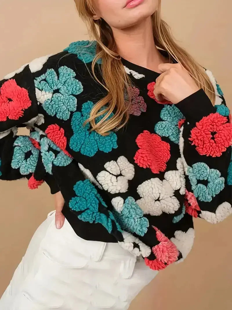 Women's retro 3D floral cashmere sweater by Plush Fashion Hub, featuring a loose fit and cozy, soft knit fabric.