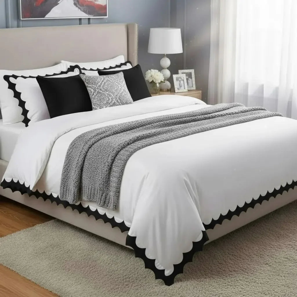 Reverse Scalloped Applique Embroidery Cotton Duvet Cover Set - Plush Fashion Hub