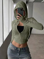 Women's ribbed knit cropped zip-up jacket with hood from Plush Fashion Hub, featuring a snug fit and stylish outerwear design.