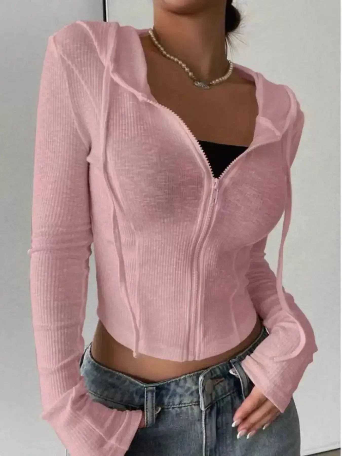 Women's ribbed knit cropped zip-up hoodie with hood, stylish Plush Fashion Hub outerwear, perfect for casual wear.