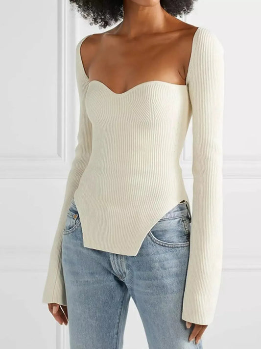 Ribbed Knit Sweetheart Neckline Sweater - Plush Fashion Hub