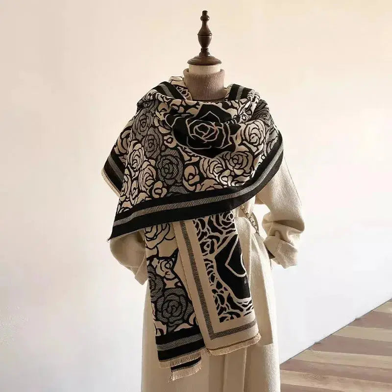 Women's rose pattern fringe scarf by Plush Fashion Hub featuring elegant floral design and plush polyester material for winter warmth.