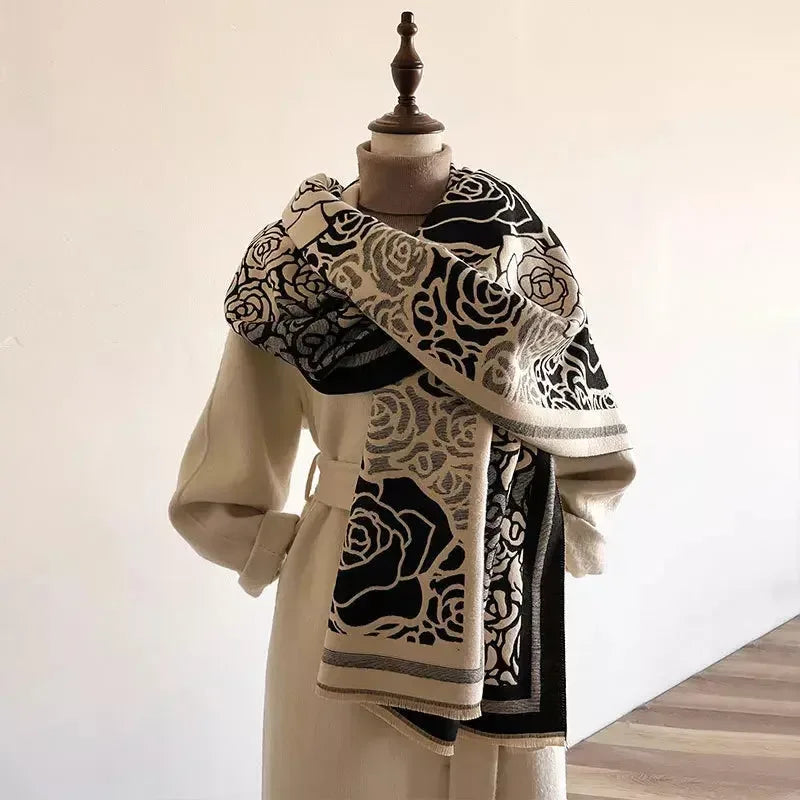 Rose Pattern Fringe Scarf - Luxe Polyester Winter Wrap - Plush Fashion Hub