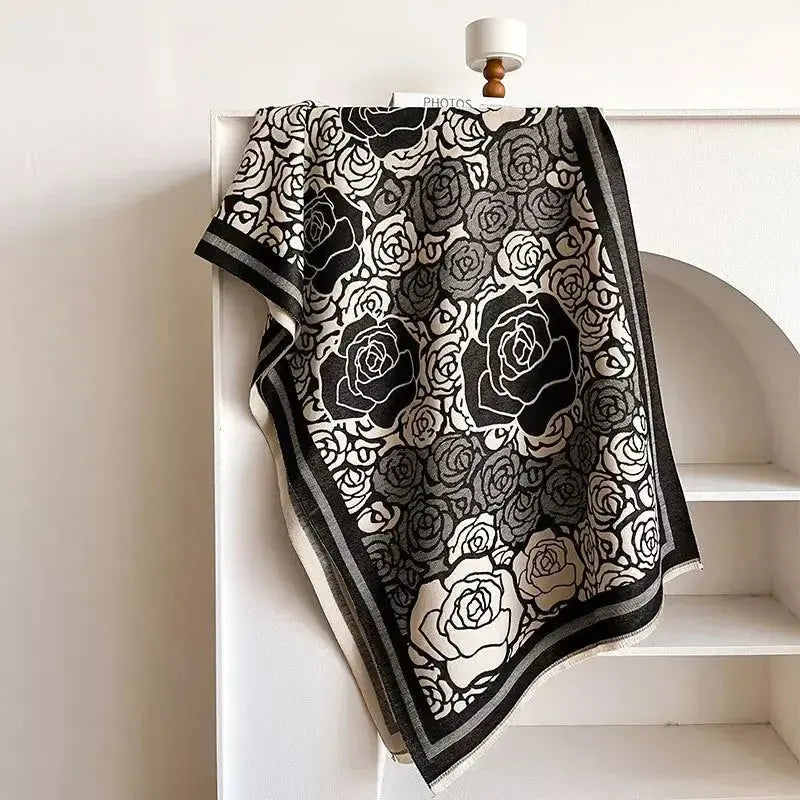 Women's rose pattern fringe scarf from Plush Fashion Hub, cozy floral winter wrap with elegant design and soft polyester fabric.