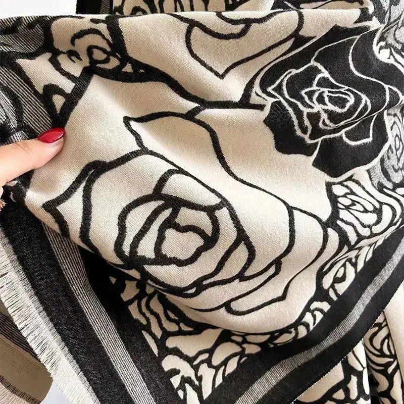 Women's rose pattern fringe scarf by Plush Fashion Hub, elegant floral winter wrap with plush polyester material and decorative fringe.