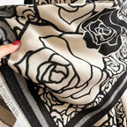 Women's rose pattern fringe scarf by Plush Fashion Hub, elegant floral winter wrap with plush polyester material and decorative fringe.