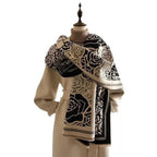 Women’s rose pattern fringe scarf by Plush Fashion Hub featuring floral design and cozy polyester material for winter wear.